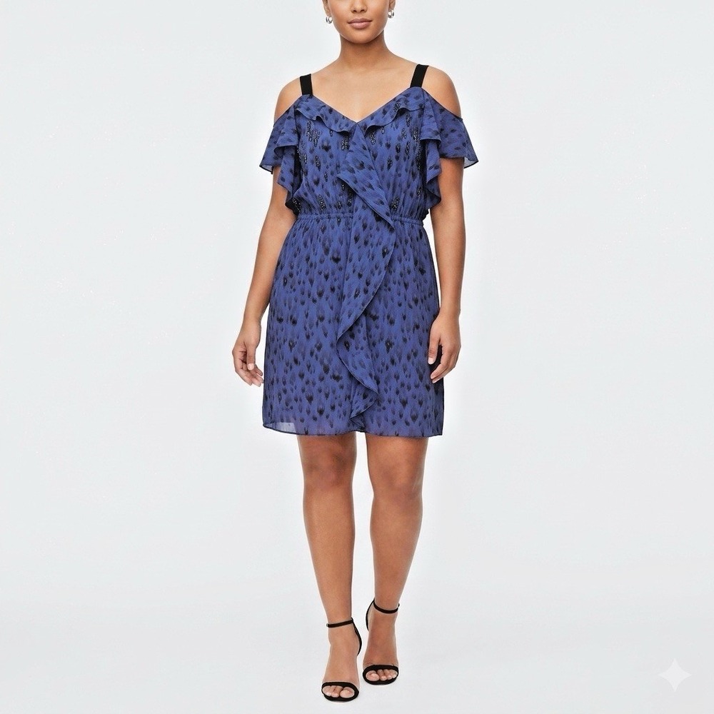 Rebecca Taylor Dress Womens‎ Sz 8 Blue Abstract Print 100% Silk Cold Shoulder